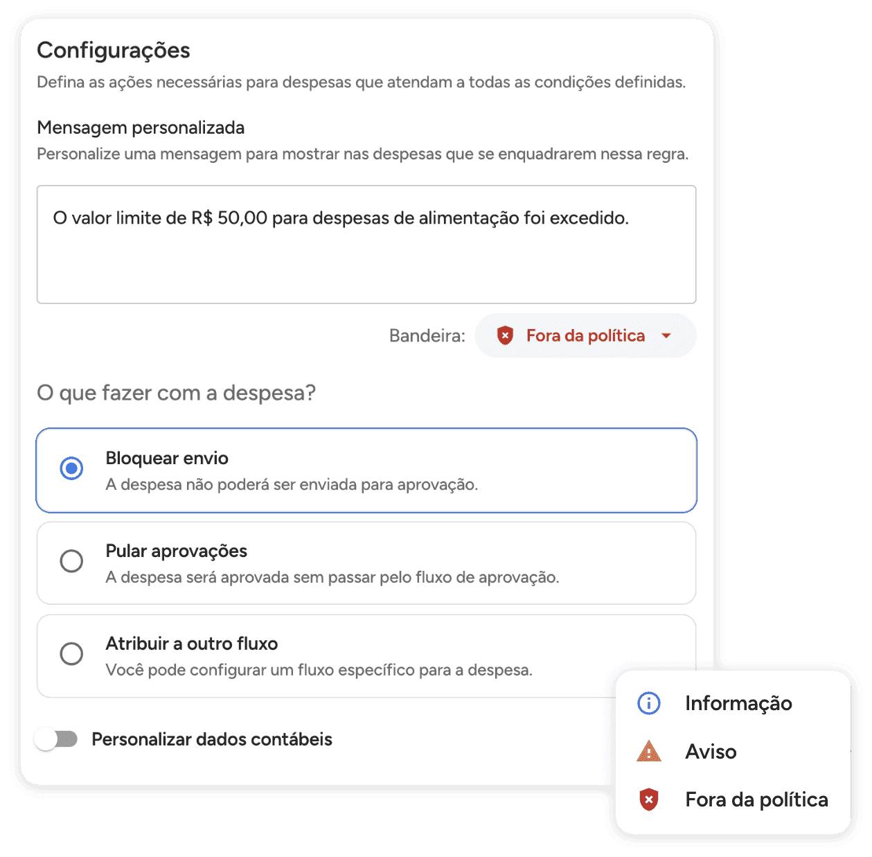 Defina ações para despesas fora da política, como contabilização diferenciada, reencaminhamento ou bloqueio do envio.