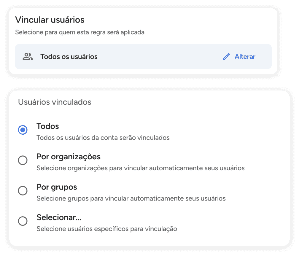 Você pode configurar regras específicas para um grupo de pessoas ou aplicá-las à organização como um todo.