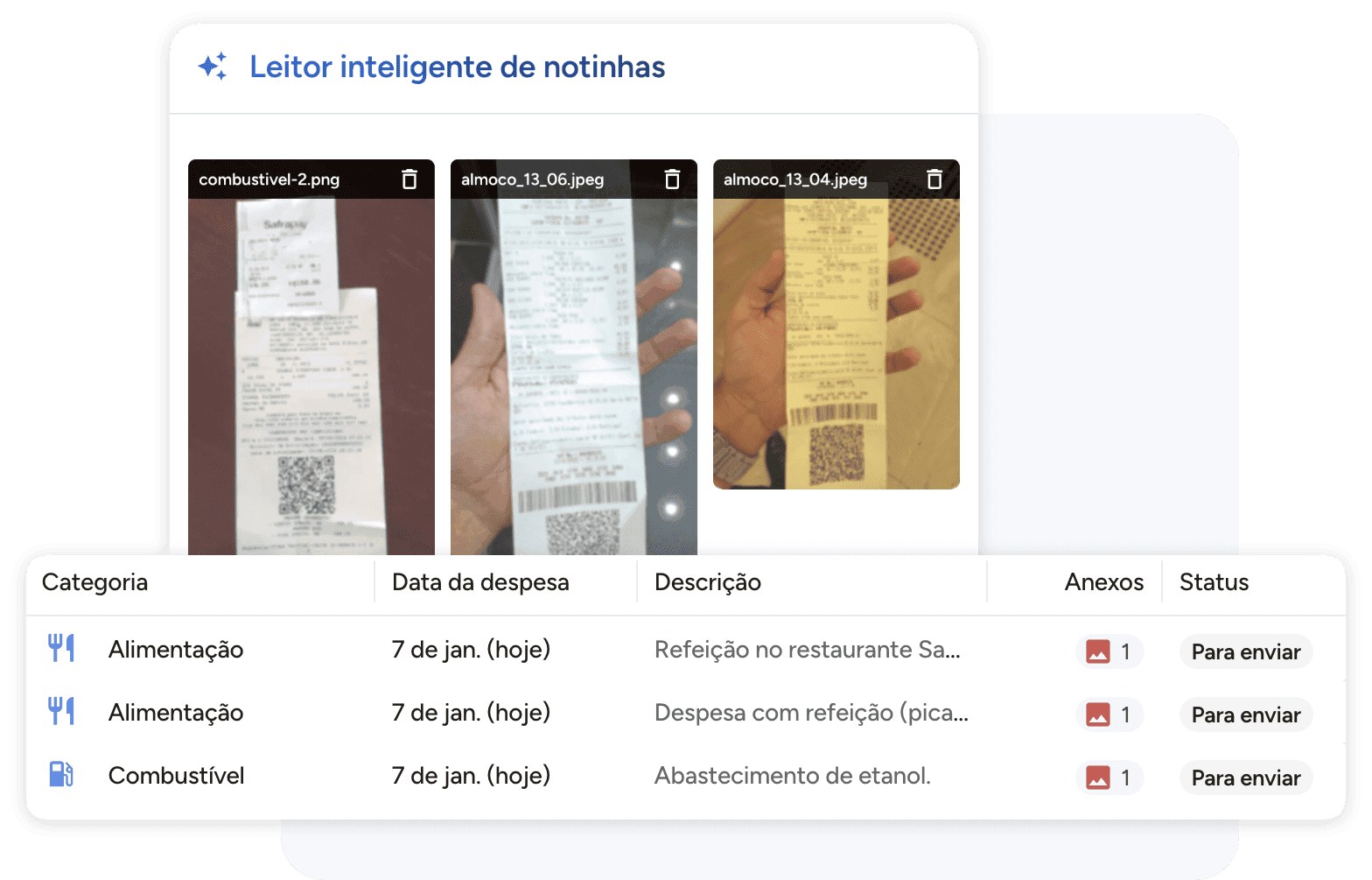 Leitor inteligente de recibos: digitalize várias despesas de uma vez.